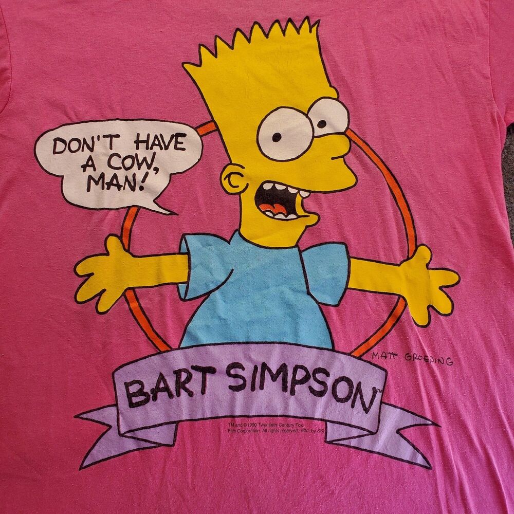 VTG 1990 Bart Simpson Don’t Have A Cow Man Shirt Men’s M Pink Single Stitch FOX